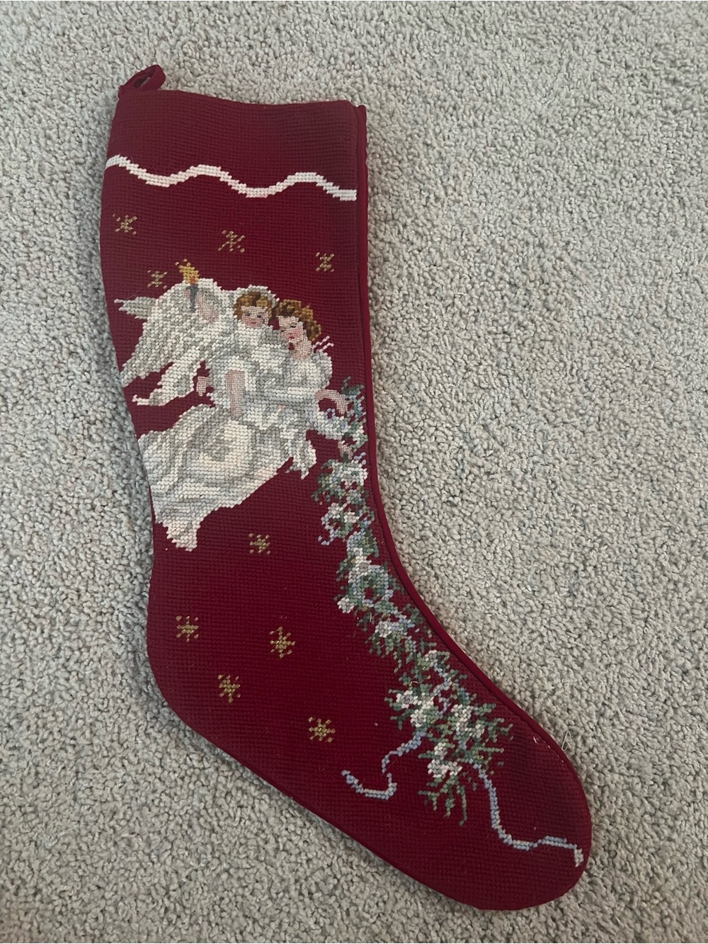 Holiday Angel Needlepoint Christmas Stocking - Burgundy Vintage